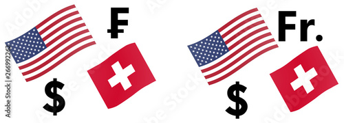 USDCHF forex currency pair vector illustration. American and Swiss flag, with Dollar and Franc symbol.
