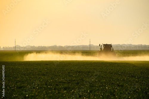 tractor with the help of a sprayer sprays liquid fertilizers on young wheat in the field. © eleonimages