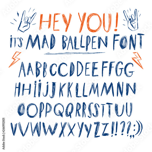 Hand drawn messy ballpen letters set.