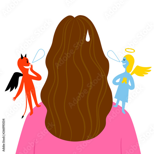  Angel and devil on whispering on a woman's shoulders