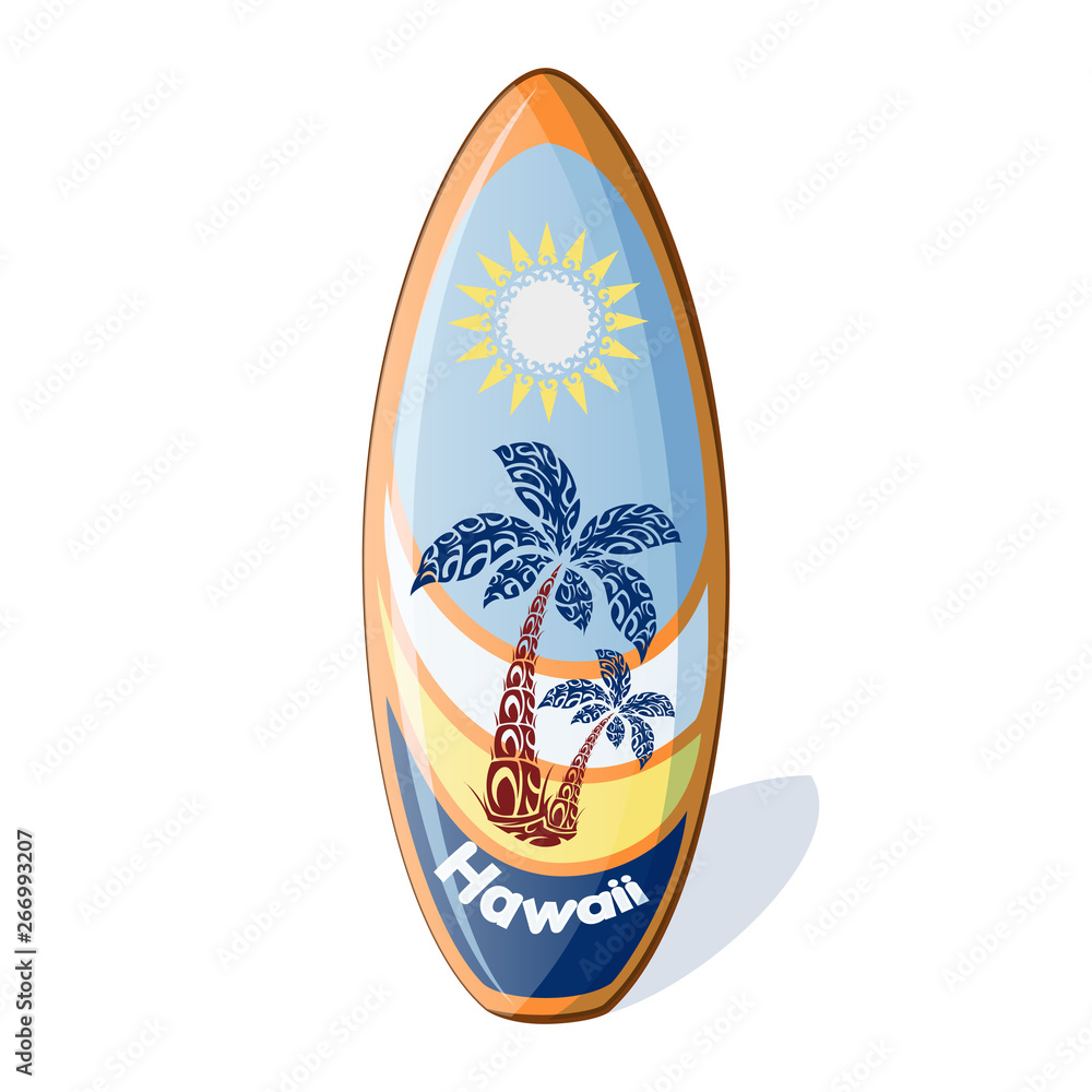 Surfboard with a national Hawaiian pattern from the palm trees and sun, and the inscription Hawaii. Holidays in the Hawaiian Islands. Vector illustration. Sports equipment in cartoon style. Surfboard with a national Hawaiian pattern from the palm trees and sun, and the inscription Hawaii. Holidays in the Hawaiian Islands. Vector illustration. Sports equipment in cartoon style.