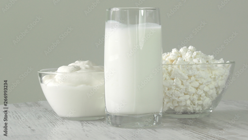 A group of environmentally friendly non-GMO dairy products, yogurt, cottage cheese, sour cream and cheese on the bottom of the pod. A group of environmentally friendly non-GMO dairy products, yogurt, cottage cheese, sour cream and cheese on the bottom of the pod.