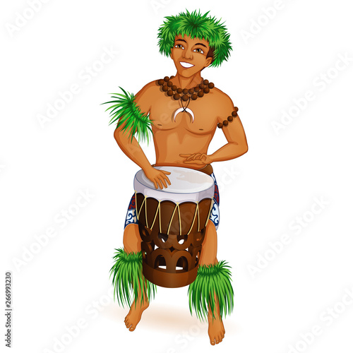 A handsome young man is a Hawaiian, dancer Hula with a drum in national clothes. Musician. Holidays in the Hawaiian Islands. Vector cartoon character.