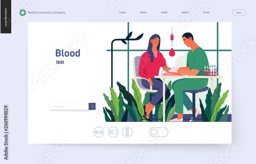 Medical tests template - blood test - modern flat vector concept digital illustration of blood test procedure - a patient and doctor with a syringe and test tubes, the medical office or laboratory