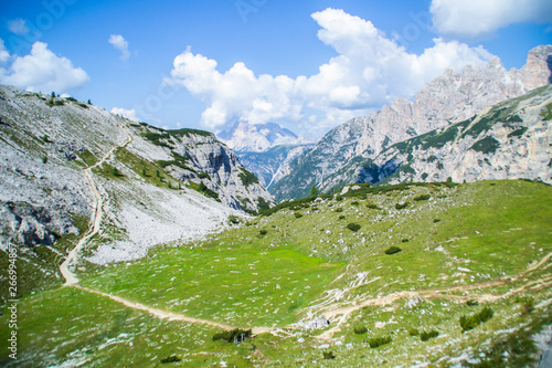 Breathtaking landscape scenic view of mountain range in Italian Dolomites. View of tourist popular Tre Time di Lavaredo hiking trail. Summer scenery. South Tyrol, Auronzo, Italy, Europe