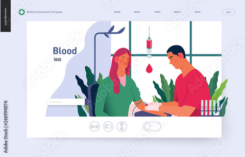 Medical tests template - blood test - modern flat vector concept digital illustration of blood test procedure - a patient and doctor with a syringe and test tubes, the medical office or laboratory