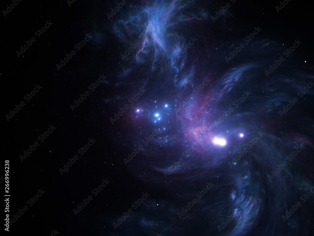 Vast interstellar deep space, starfield, stars and space dust scattered throughout the universe. Cosmic artwork. Distant swirling galaxies, glowing nebula cloud, astral artwork.