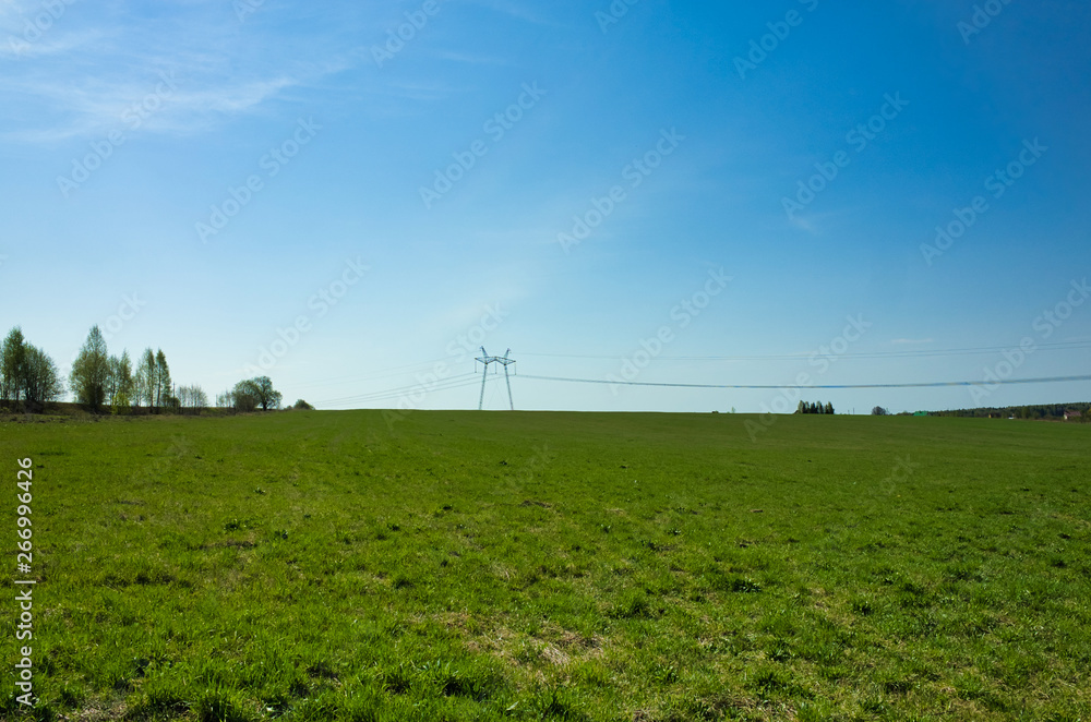 Fototapeta premium Power line in the village. Green meadow and blue sky