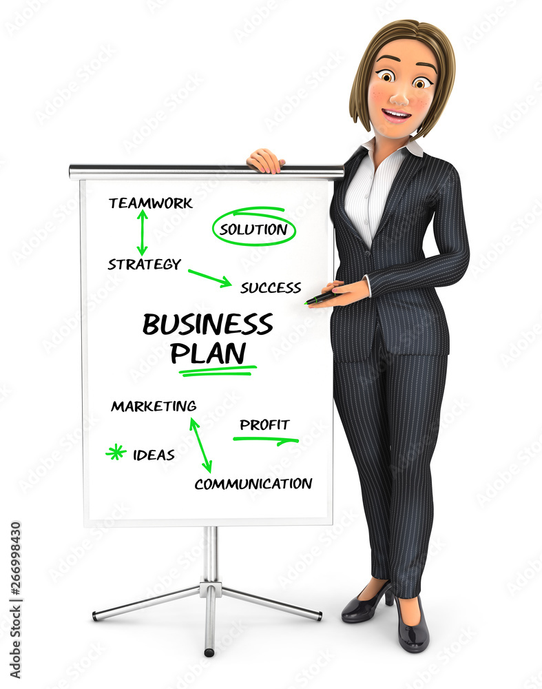 3d business woman writing business plan on paperboard 3d business woman writing business plan on paperboard