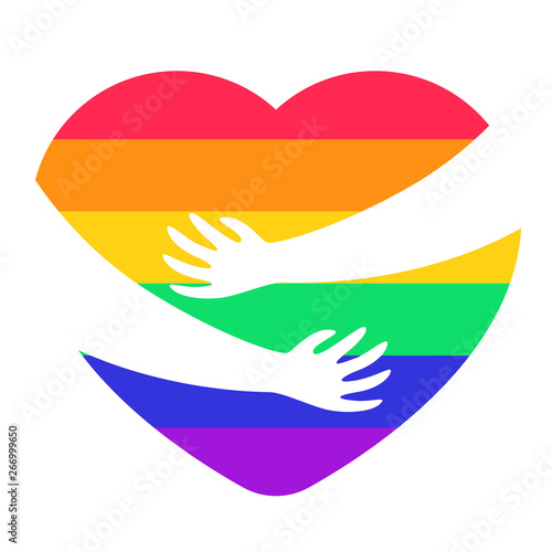 Two Hands Hugging a Heart. LGBTQ+ related symbol in rainbow colors. Gay Pride. Raibow Community Pride Month. Love, Freedom, Support, Peace Symbol. Flat Vector Design Isolated on White Background