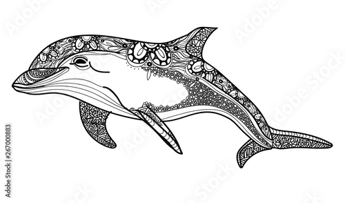 The bottlenose dolphin. Meditative coloring. Drawing by hand. Coloring for children. Points, stripes, arrows.