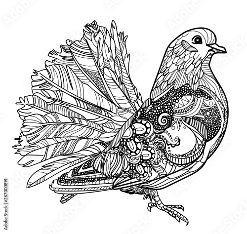 Dove. Ethnic pattern. Meditative coloring. Mandala, dudling drawing. Drawing from the hand. Points, stripes, arrows, flowers.