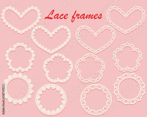 Set of white carved framework of various shapes. Ring, heart and flower of lace. Openwork vintage elements isolated on a pink background