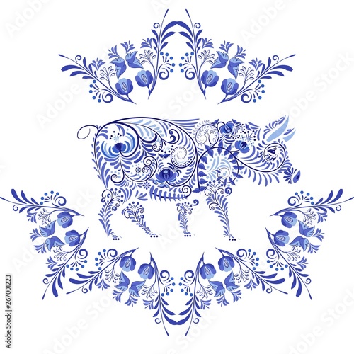 Pig blue patterned in the style of the national painting on porcelain. Flower frame. Isolated on white background