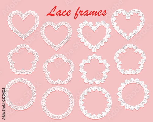 Set of white lace frames of various shapes. Ring, heart and flower. Openwork vintage elements isolated on a pink background