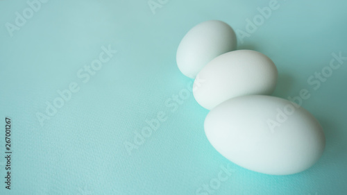 chicken eggs on a blue background bed monochrome shades, place for text, minimalism