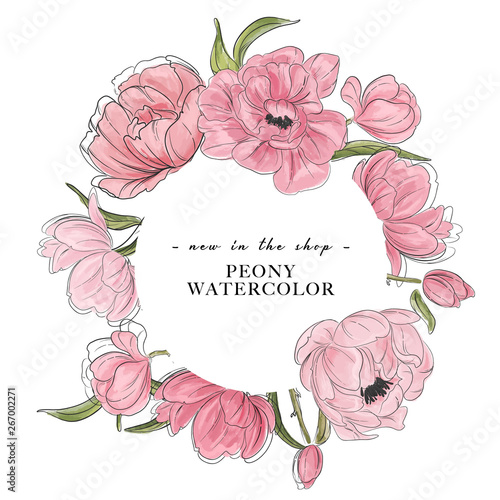 Vector watercolor flower peony hand-drawn elemetns. Floral shop, botanical boutique advertising. Spring bloom peonies wreath sketch