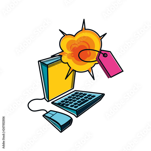 tag commercial with explosion and desktop computer