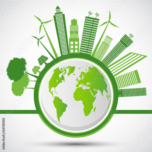 Ecology and Environmental Concept,Earth Symbol With Green Leaves Around Cities Help The World With Eco-Friendly Ideas,Vector illustration