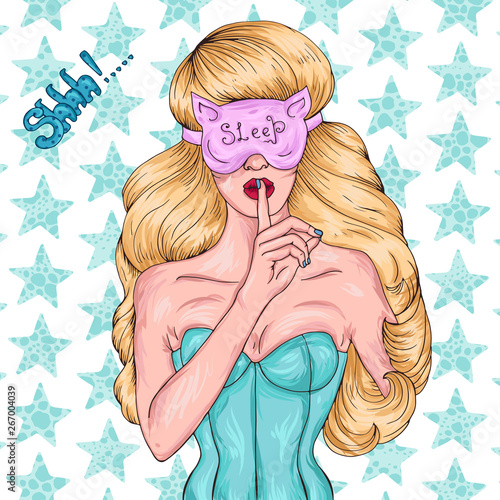 Vector drawing portrait of a sexy pin-up girl in a mask for sleep, asking for silence with the finger on her lips. Forefinger on lips in shh sign. Design card, print on t-shirt. On a back with stars.