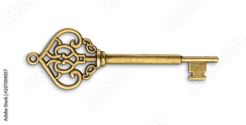 Vintage golden skeleton key isolated on white background © chones
