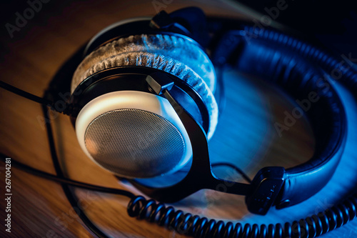 Close up of professional mastering headphones in a home recording studio.