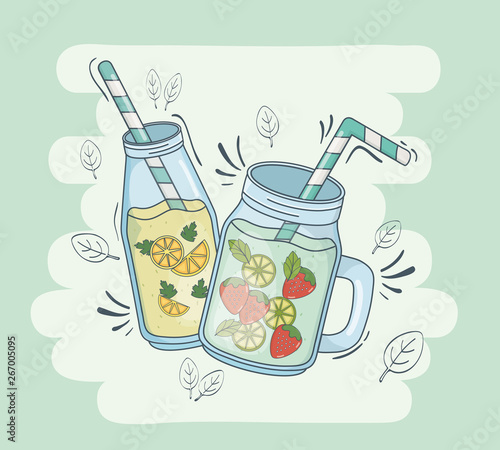 orange and strawberries juices jars with straws