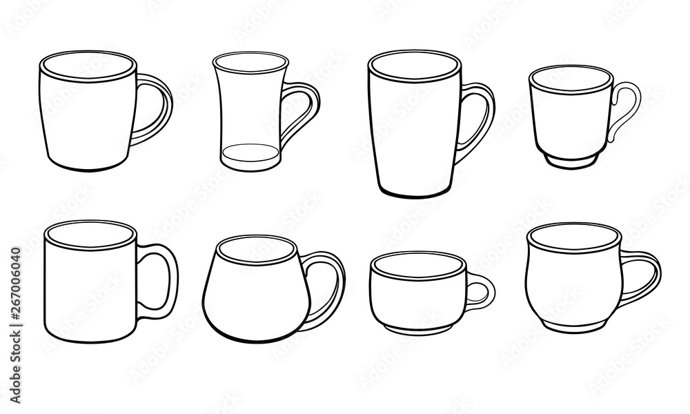 A set of cups for tea and coffee of different sizes and shapes. Linear