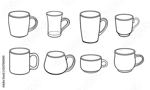 A set of cups for tea and coffee of different sizes and shapes. Linear vector drawing. Outline Eight different cups, sketch.