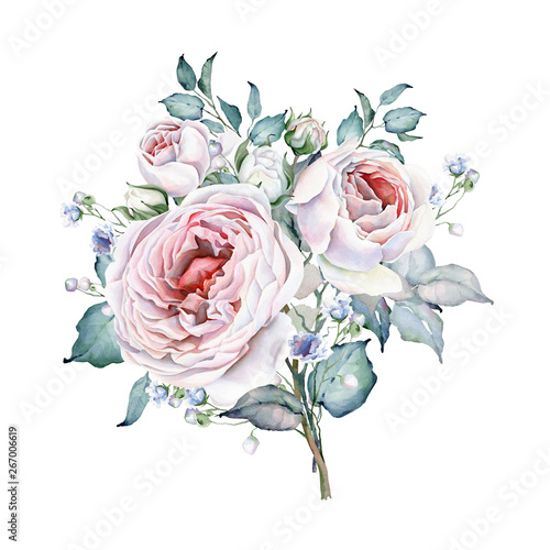 Watercolor Flowers. Roses Bouquet. White and Pink Roses. Floral illustration. Leaves and buds. Blue Flowers. Botanic composition for wedding or greeting cards