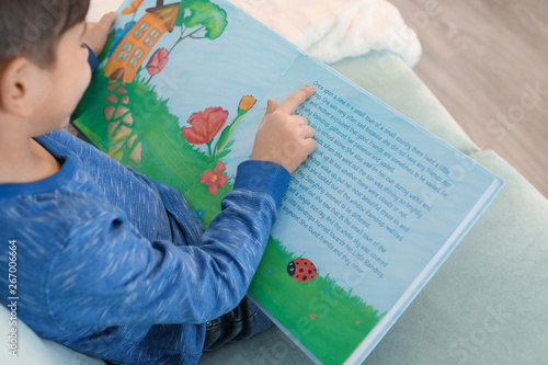Cute little boy reading boo...