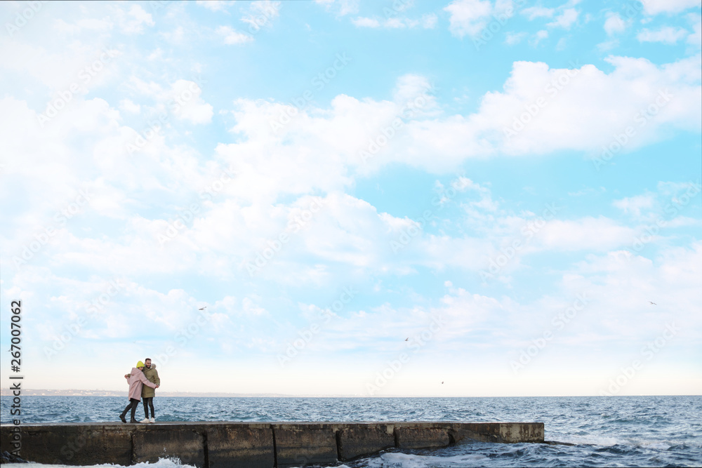 Obraz premium Lovely young couple walking on pier near sea