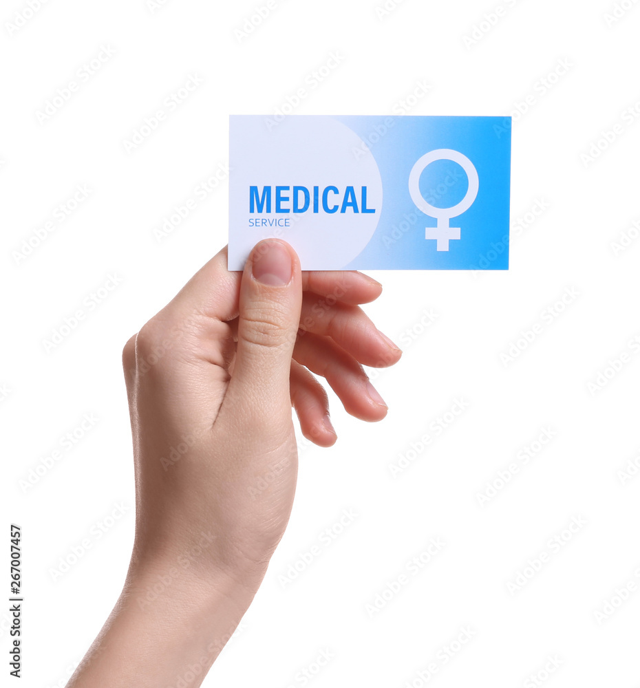 Girl holding medical business card isolated on white, closeup. Women's health service Girl holding medical business card isolated on white, closeup. Women's health service