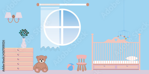 Children's Room Interior for Baby Boy - Cozy Atmosphere of Nursery - Vector Illustration in Blue Tones