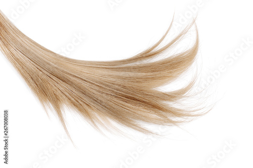 Long blond hair isolated on white background. Healthy hair tips