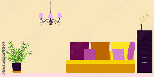 Lounge Interior in Fusion or Eclectic Style - Cozy Atmosphere for Rest and Relaxation - Vector Illustration 