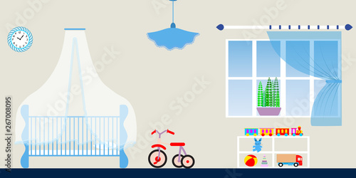 Children's Room Interior for Baby Boy - Cozy Atmosphere of Nursery - Vector Illustration in Blue Tones