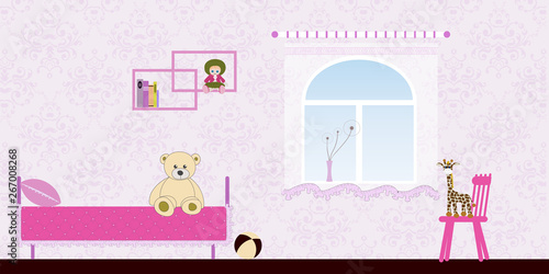 Children's Room Interior for Baby Girl - Cozy Atmosphere of Nursery - Vector Illustration in Pink Tones