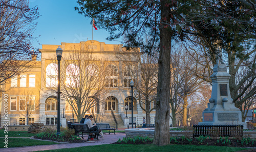 Historical downtown Bentonville square, Northwest Arkansas, USA Arkansas flags