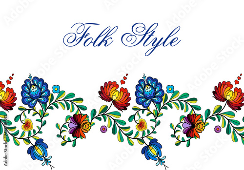 Folksy Floral Border - Russian Folk Style Flower Garland - Vector Ornamental Vignette