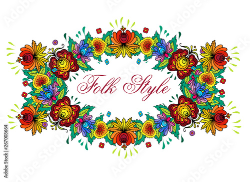 Folksy Floral Frame - Slavic Folk Fashion Flower Garland - Vector Patterned Vignette
