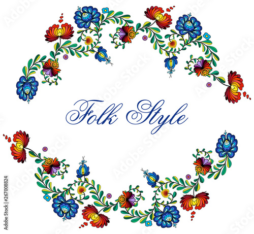 Folksy Floral Template - Slavonian Folk Style Flower Garland - Vector Round Frame