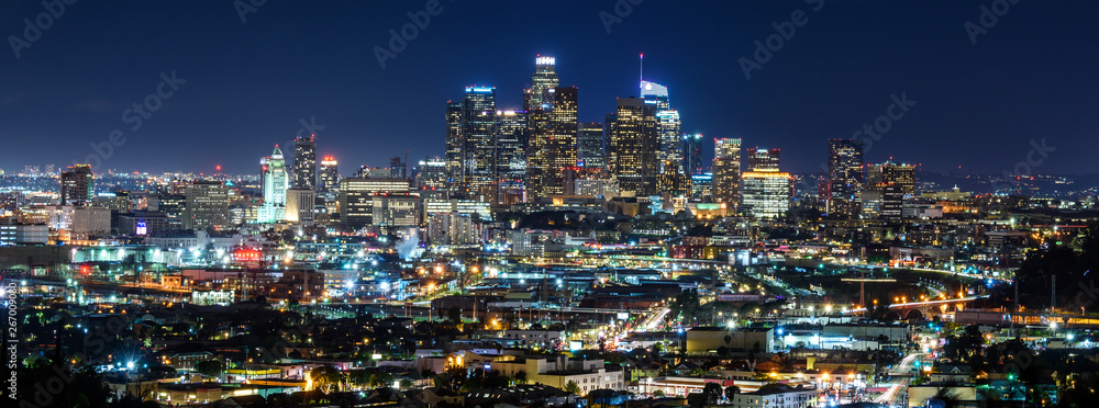 Downtown Los Angeles at night. Panoramic view
