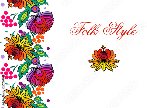 Folklore Floral Border - Polish Folk Style Flower Template - Vector Ornamental Vignette