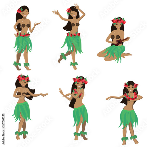 Set of girl in dance and sing with ukulele positions. Beautiful graceful Hawaiian girl dancing hula in traditional costume. Garland and green skirt wearings. Vector cartoon illustration