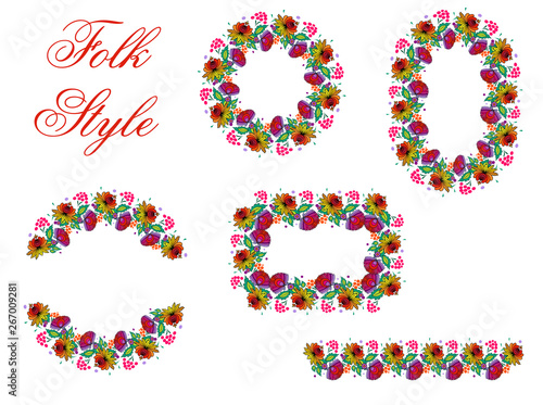 Set of Folk Flower Elements - Slav Folksy Style Garland - Vector Patterned Borders