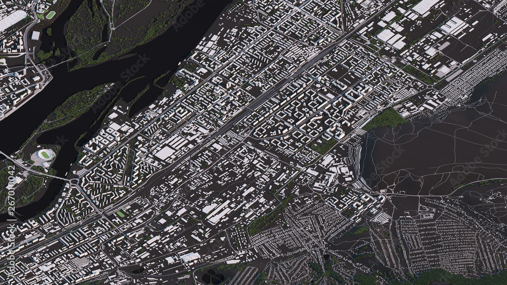 Krasnoyarsk map in 3d isometric landscape roads and buildings
