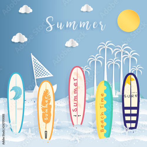 Summer Beach Activity, Surf Board, Sea, Island, Postcard, Poster, Banner, Cover Image, Advertising Template, Object and Element in Paper Cut and Origami Style Background Vector Illustration