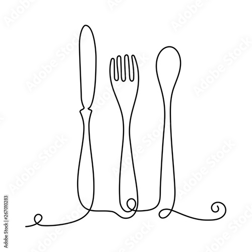 Continuous One Line Cafe Logo - Flat Drawn Cutlery Design - Table-Knife, Fork and Spoon