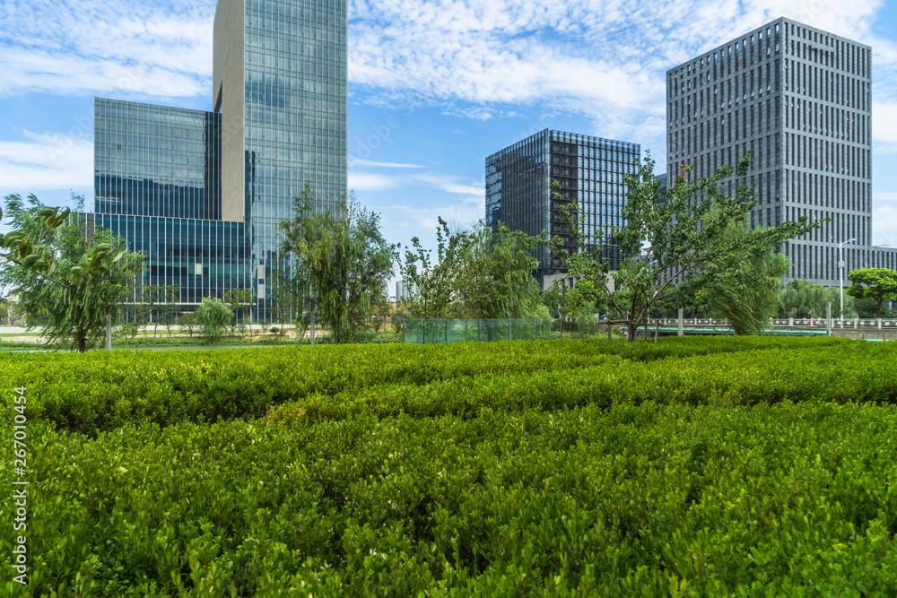 beautiful green field near modern office building. beautiful green field near modern office building.